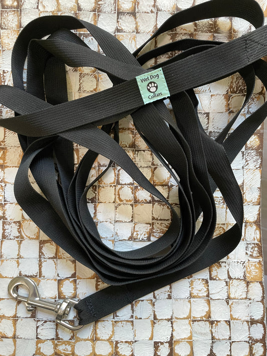 Long lightweight leash used for beach walks so you don't get wet but your doggo can. Seize proof stainless clip for saltwater