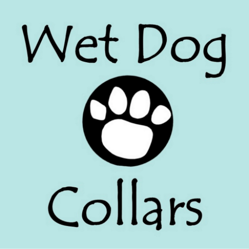 Logo for Wet Dog Collars with a paw print on a light blue background