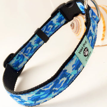 Blue camouflage dog collar with stainless steel D ring for the saltwater dog