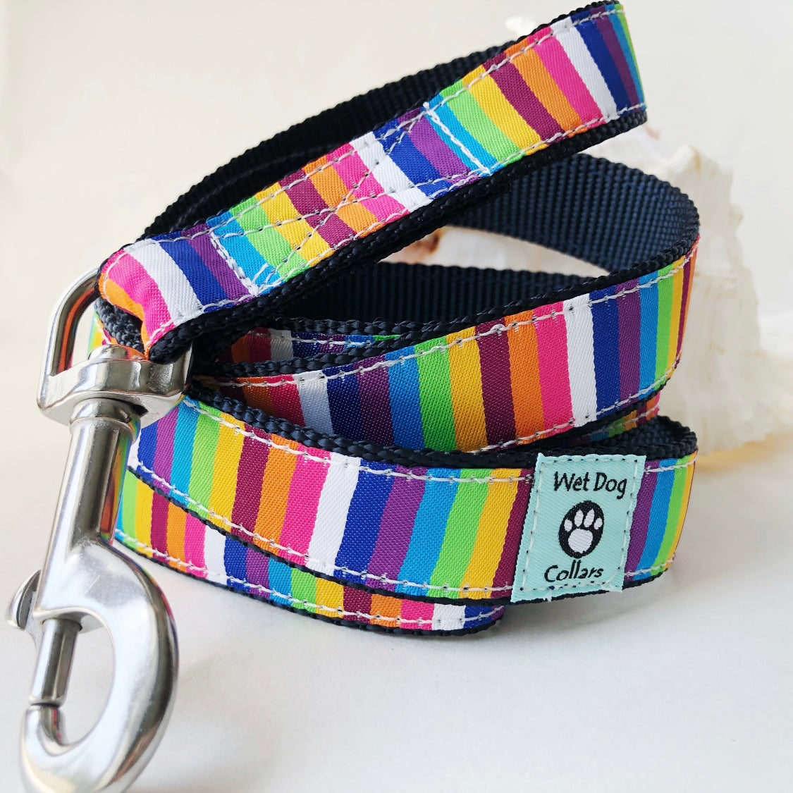 Colorful striped dog leash with a saltwater proof stainless swivel clip and durable construction
