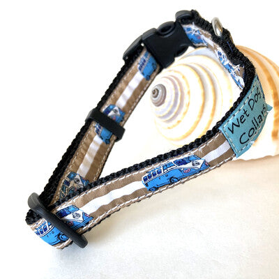 Dog collar with blue and white camper van made for saltwater dog
