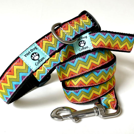 Colorful zigzag patterned dog collar and leash with seize resistant stainless clip and D-ring for beach dog with marine materials and durable construction.
