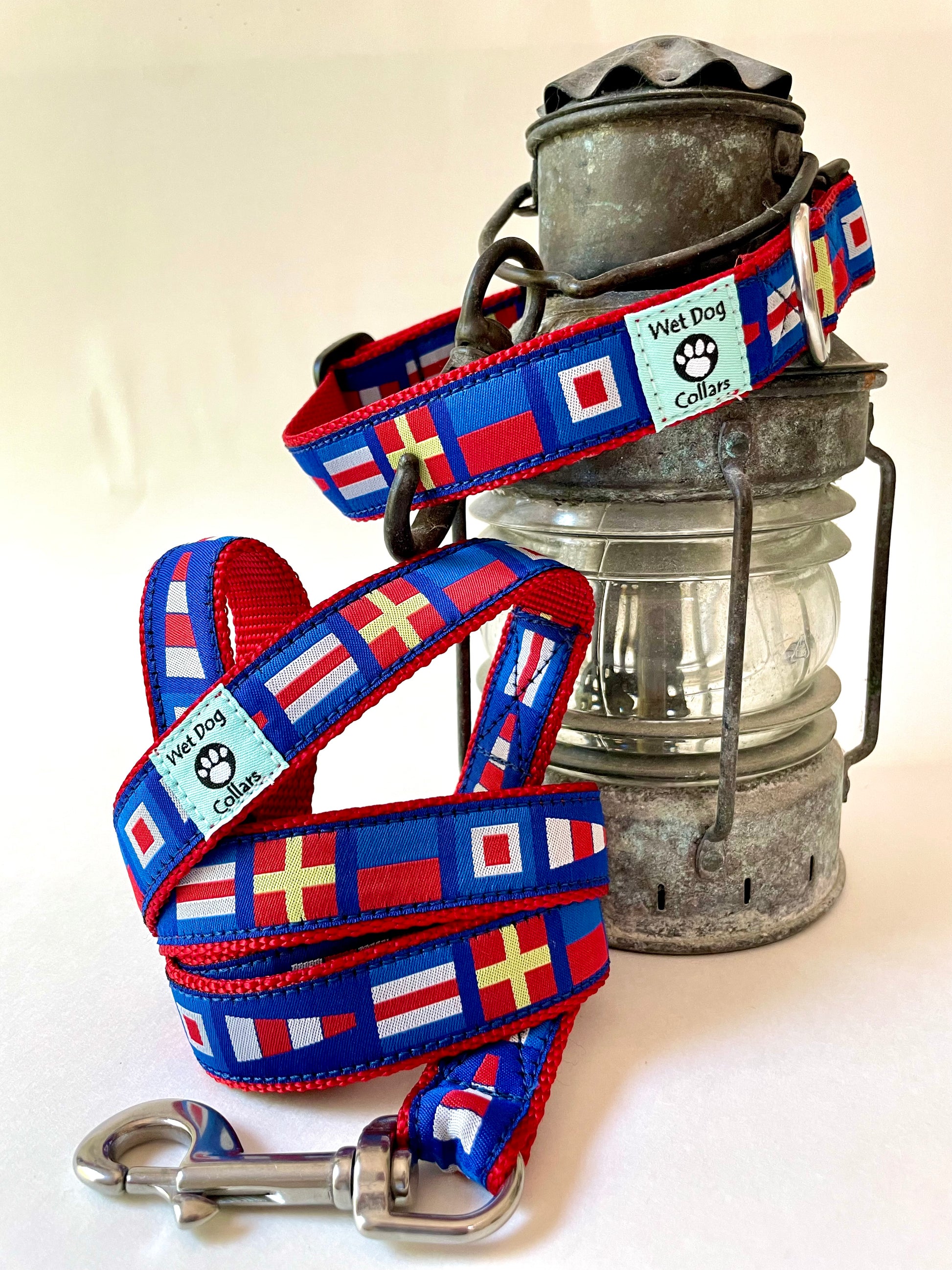 Dog collar and leash with international flag pattern and rust proof stainless hardware.