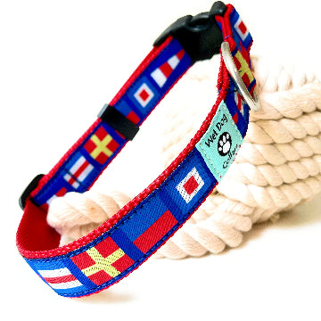 Dog collar with nautical flag pattern CREW rust proof boat stainless steel D-ring 