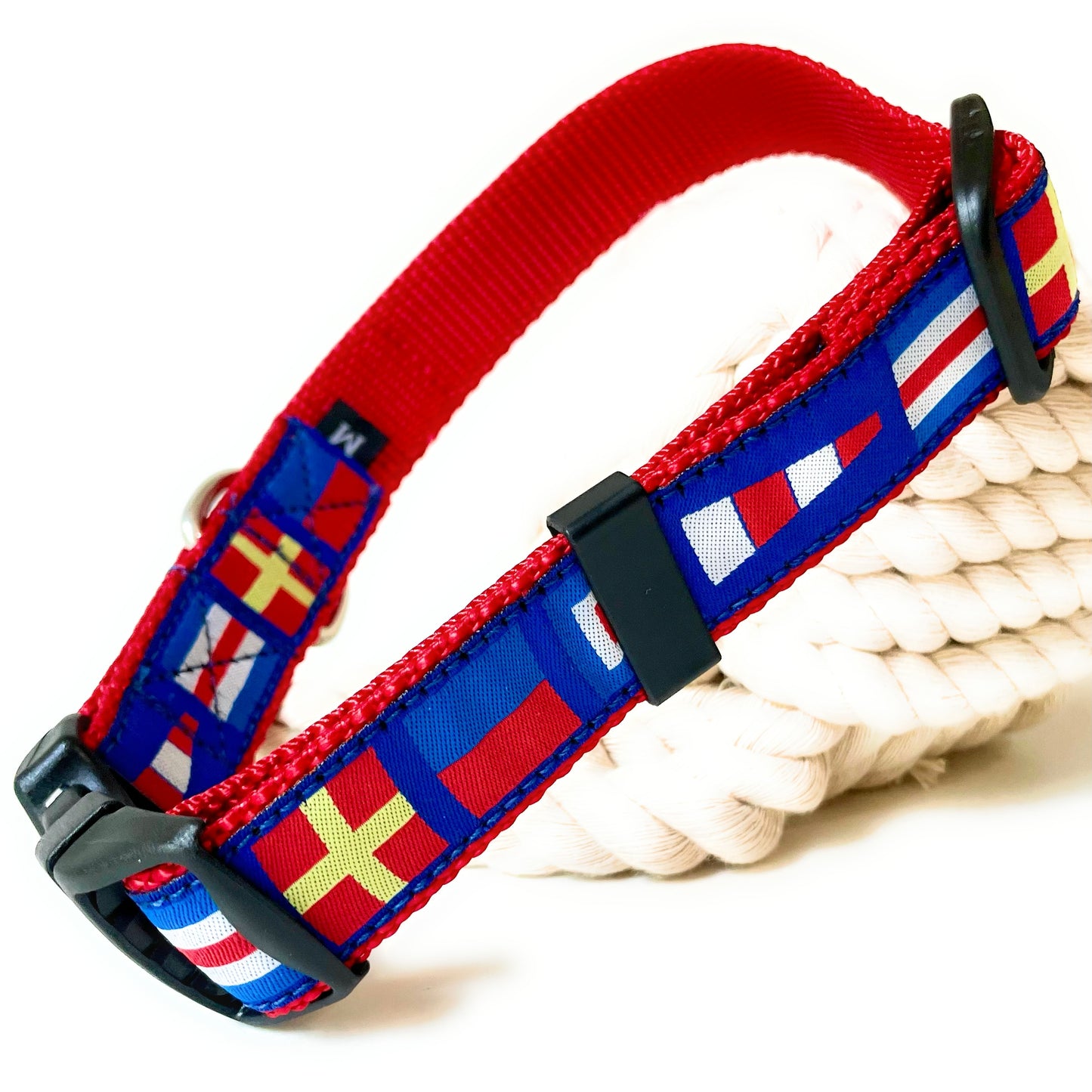 Dog collar with nautical flag pattern CREW rust proof boat stainless steel D-ring 