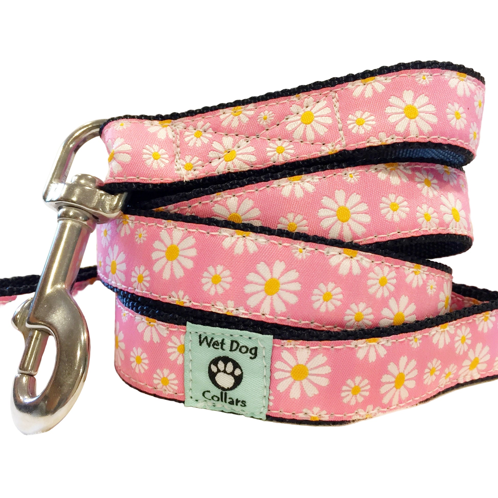 Pink with daises beach dog leash with seize proof stainless leash clip, durable materials and construction