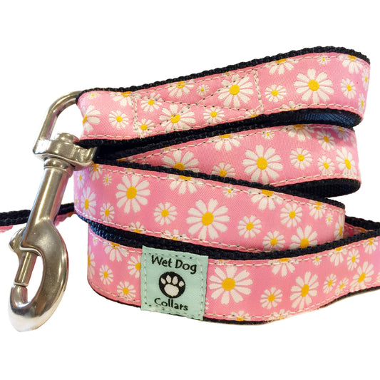 Pink with daises beach dog leash with seize proof stainless leash clip, durable materials and construction