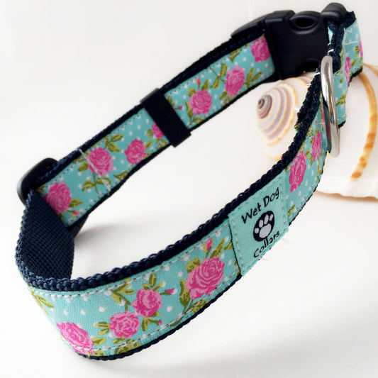 Dog collar with floral rose pattern on a aqua  background for saltwater dog