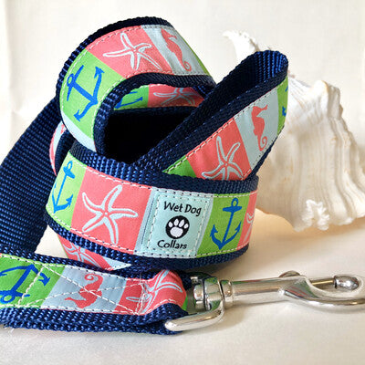 Colorful dog leash with anchor and starfish pattern and seize proof stainless clip, durable construction and marine materials