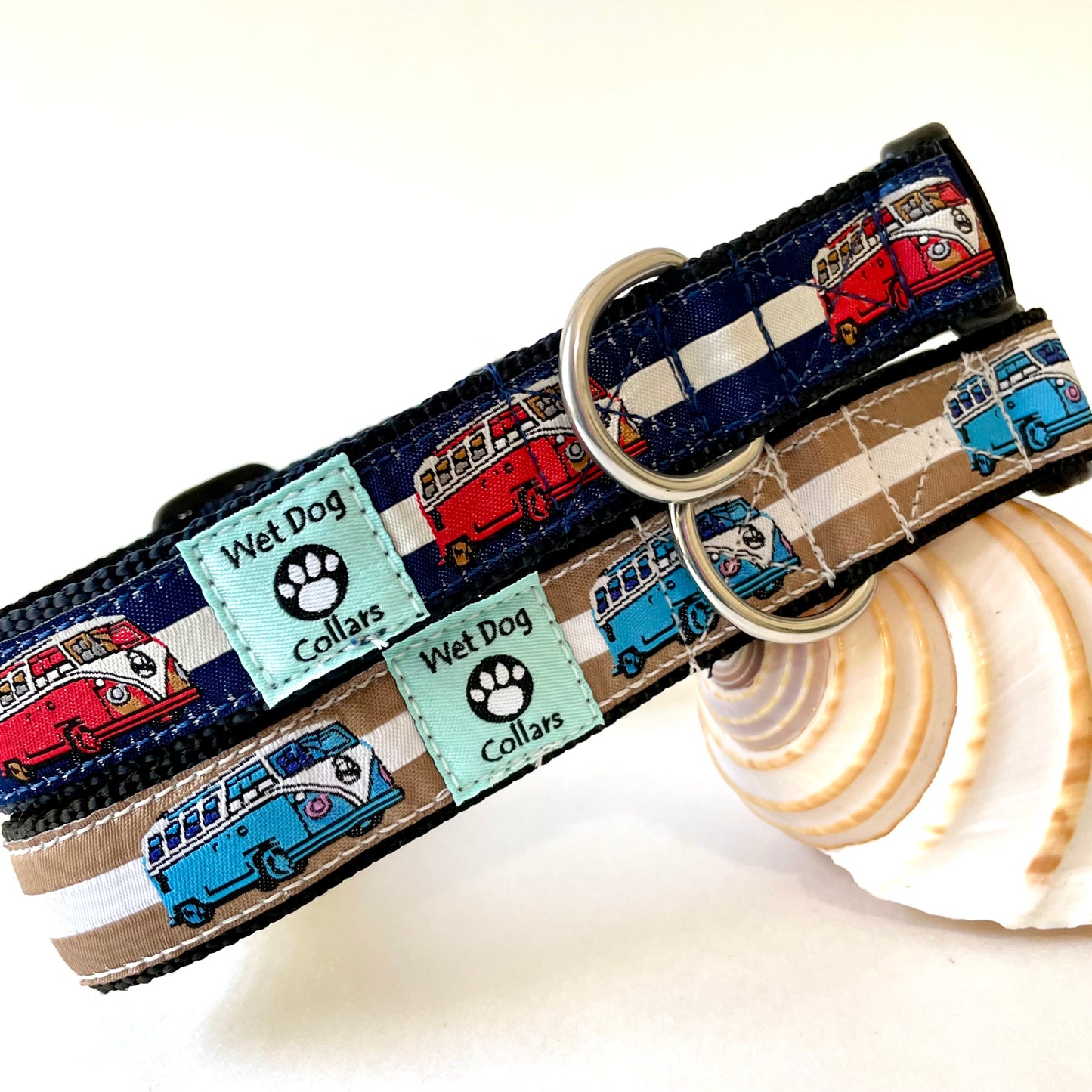 Two dog collars with vintage vw bus pattern made for saltwater dogs