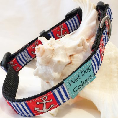 Dog collar with nautical anchor pattern built for saltwater use.