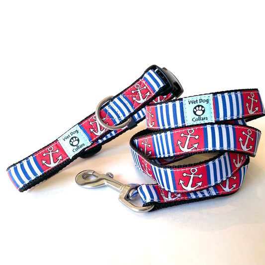 Dog collar and leash set with anchor pattern made for saltwater use with stainless steel hardware