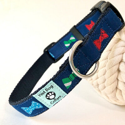 Navy blue dog collar with colorful bow tie pattern - wet dog collars
