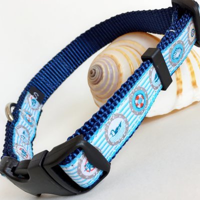 Dog collar with sailboats, compass, shell made for the sailing saltwater dog
