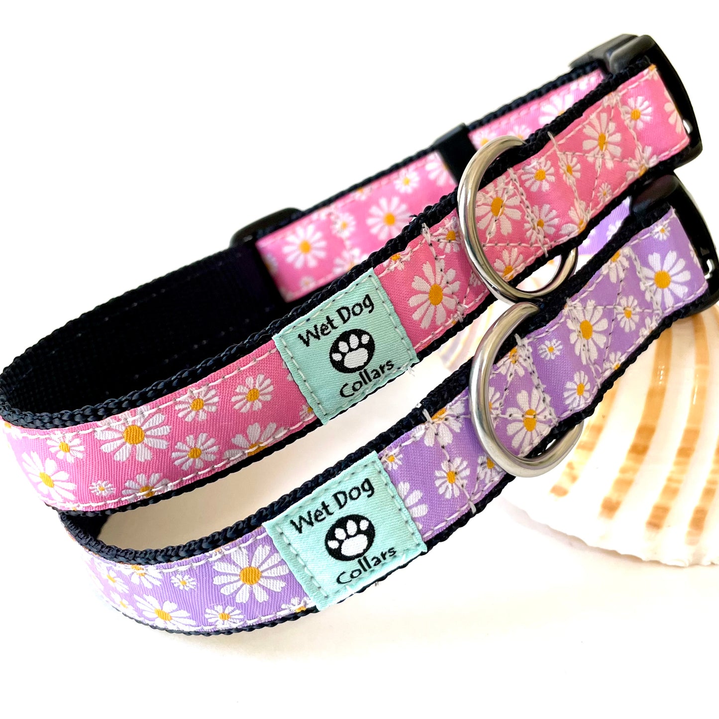 Two dog collars with floral pattern and stainless steel D-rings for no rust at the beach