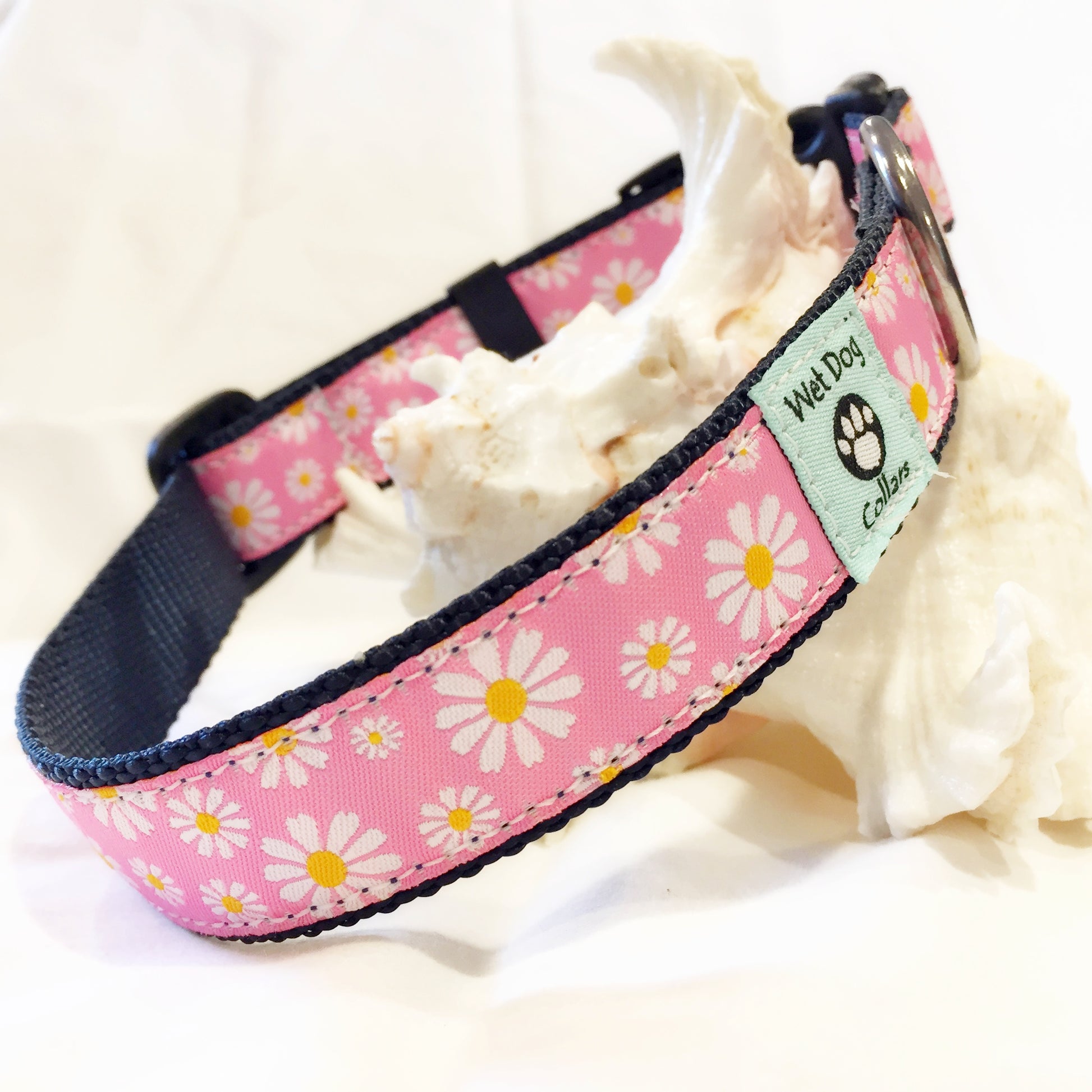 Pink floral daisy dog collar for the beach dog with stainless D ring for beach use