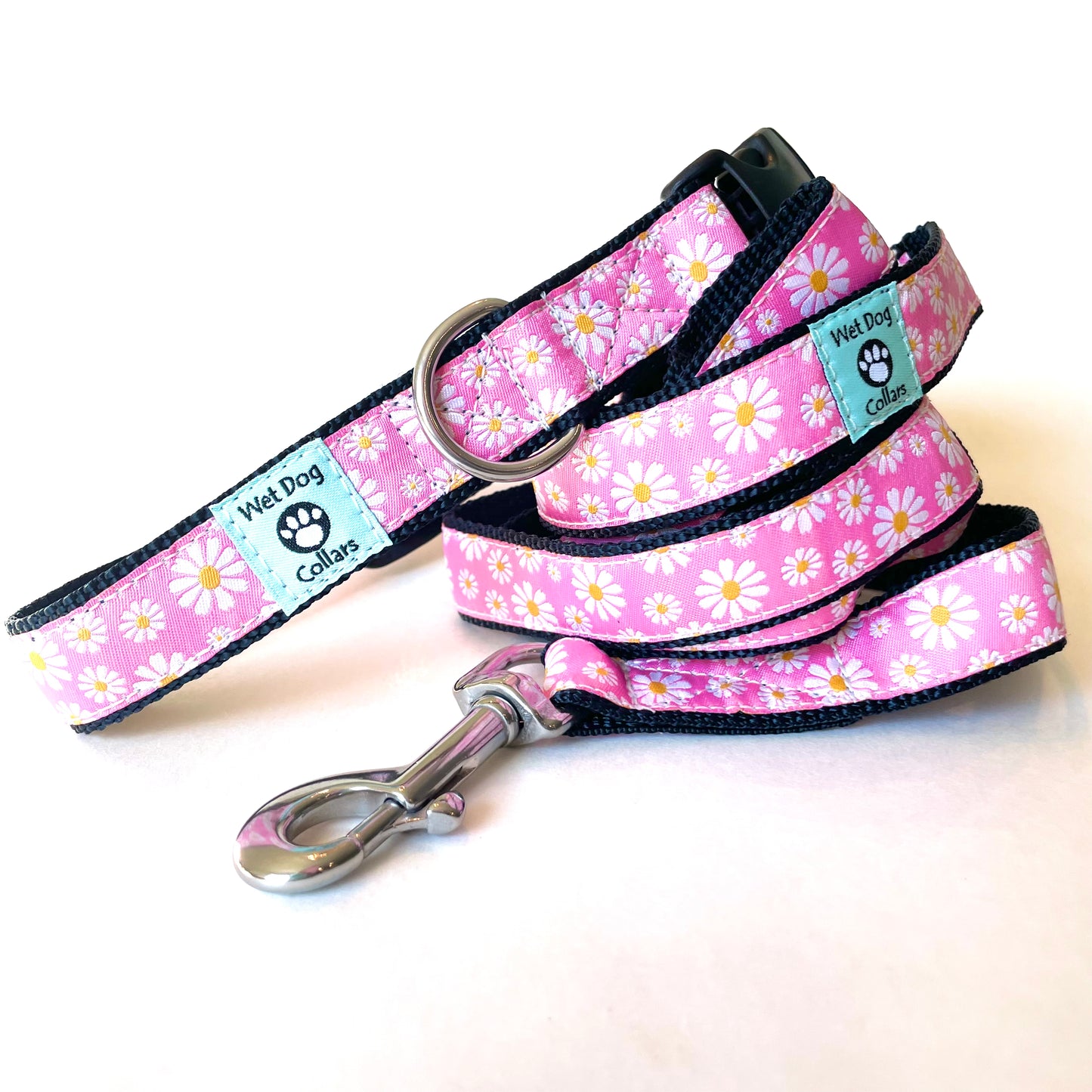 Pink floral dog collar and leash with saltwater materials and stainless steel hardware