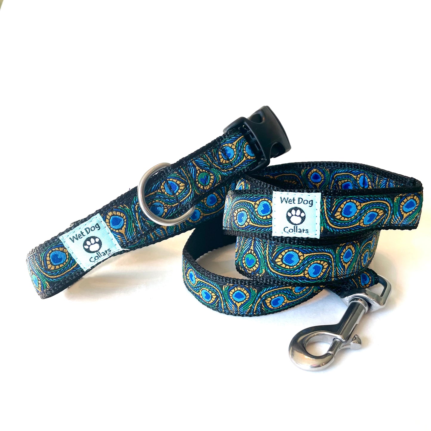 Dog collar and leash set with peacock pattern made for the salty dog