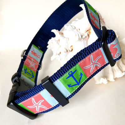 anchors, seahorse and starfish wide dog collar for the beach dog with stainless steel hardware