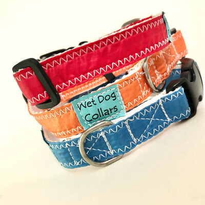 three colorful dog collars made from repurposed spinnaker sails