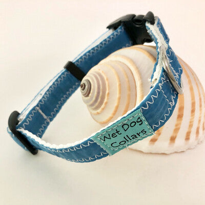 Blue dog collar made from repurposed spinnaker sails