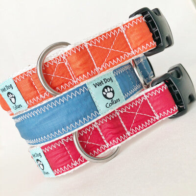 Three colorful dog collars with repurposed spinnaker sails and rust proof stainless hardware.